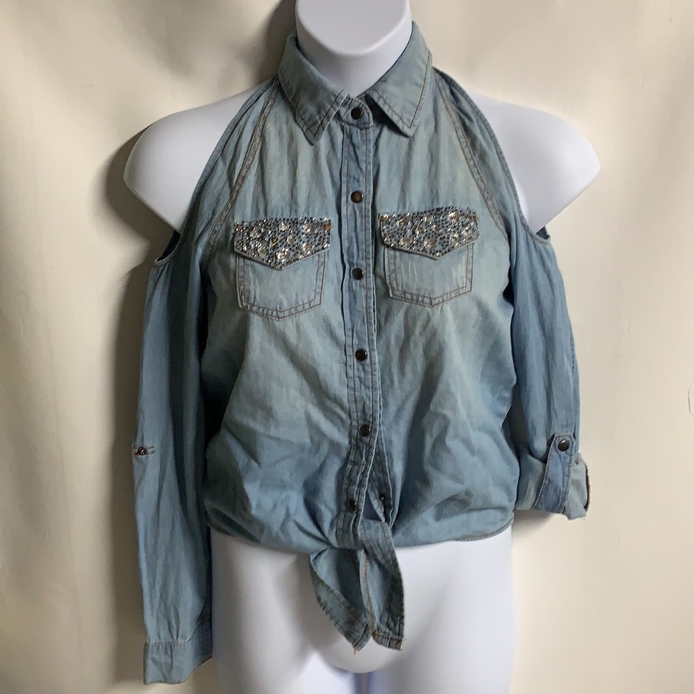Material Girl women XS blue snap button down studded pockets tab sleeves shirt